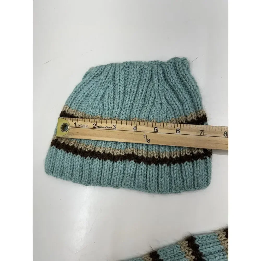 Handmade Childrens Winter Hat and Scarf Set Blue Brown Striped Knit